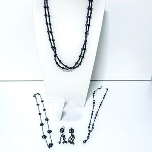 Vintage Trifari Black Beaded Necklace + 2 Necklaces & Earrings Set